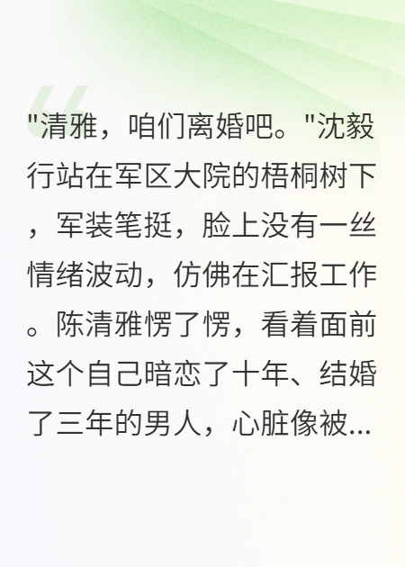 軍嫂罷工后首長(zhǎng)帶著白月光慌了無(wú)刪減清爽版閱讀極簡(jiǎn)（沈毅行陳清雅小軍）
