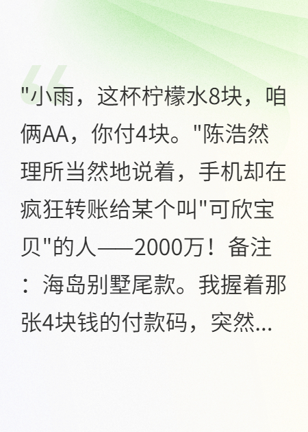 4塊錢都要AA卻給初戀2000萬買房完本+隱藏篇章（陳浩然宋可欣蘇晴）暢享閱讀