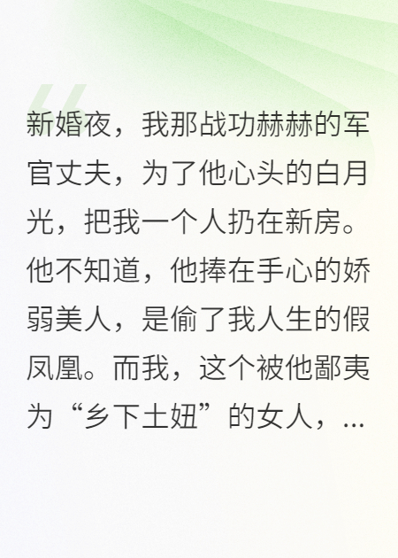 新婚夜，軍官丈夫為白月光棄我